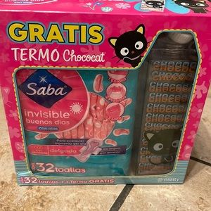 Feminine pads with chococat water bottle.